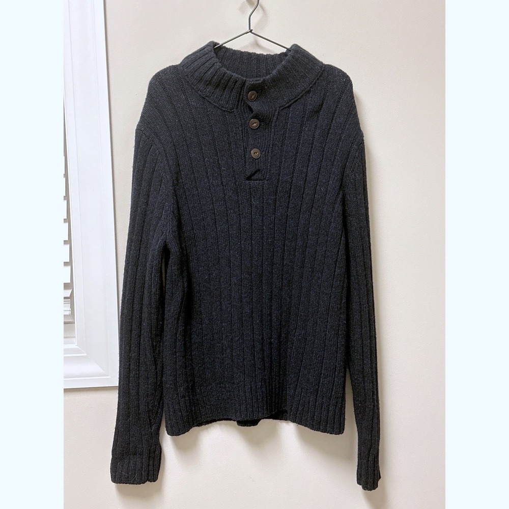 Eddie Bauer Mens Dark Navy Wool Henley Blue Sweater‎ Mock Neck Sz XL Lambswool